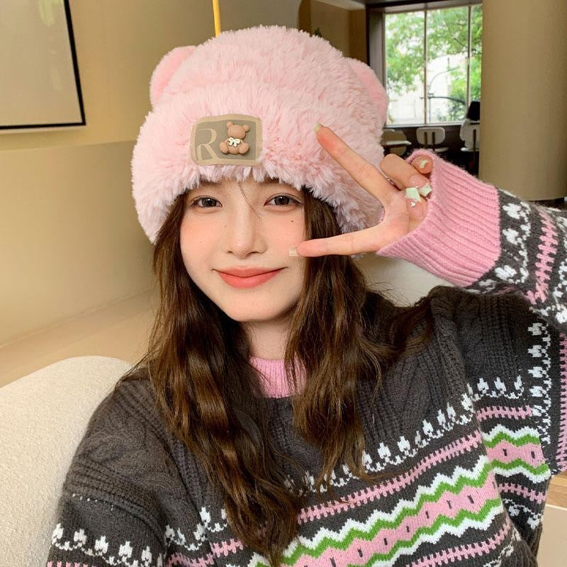 Women's Cute Bear Ears Plush Bonnet Korean Hats & Caps