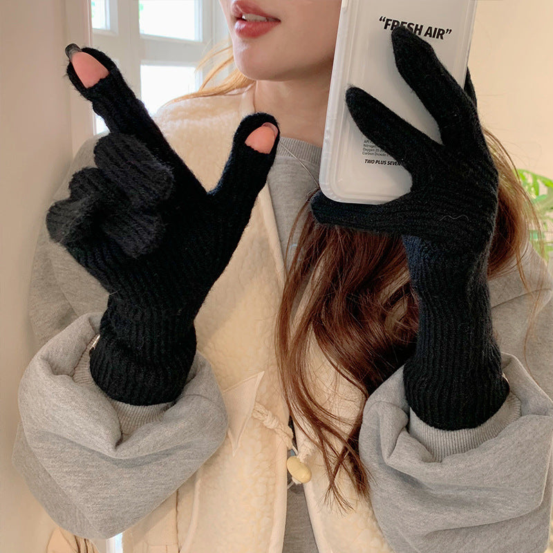 Women's Solid Color Long Thickened Warm Finger Gloves