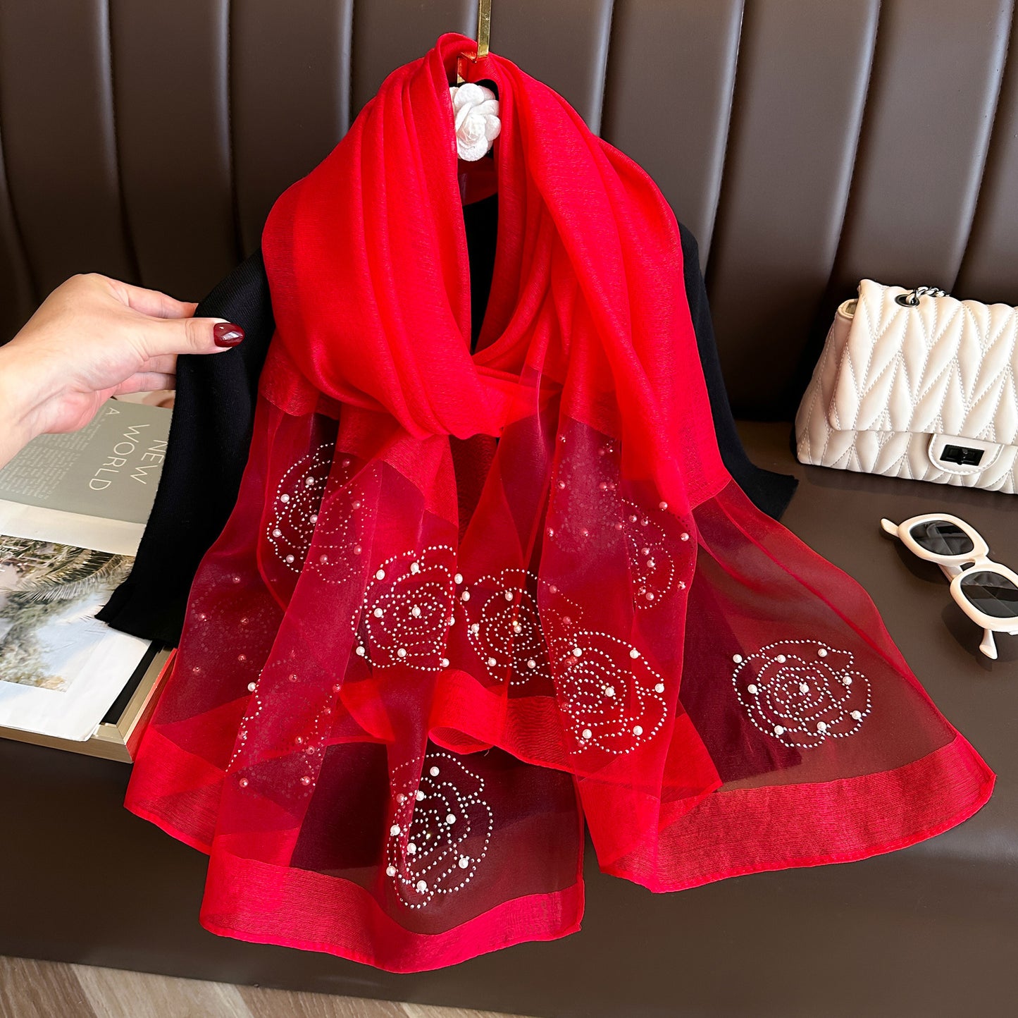 Women's Solid Color Rhinestone Rose Pearl Long Sunscreen Scarfs