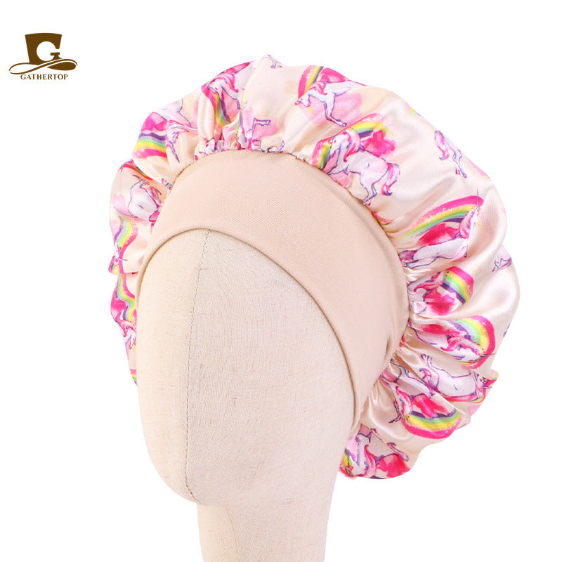 Children's Unicorn Cartoon Printed Satin Nightcap Tam-o'-shanter Kids' Headwear