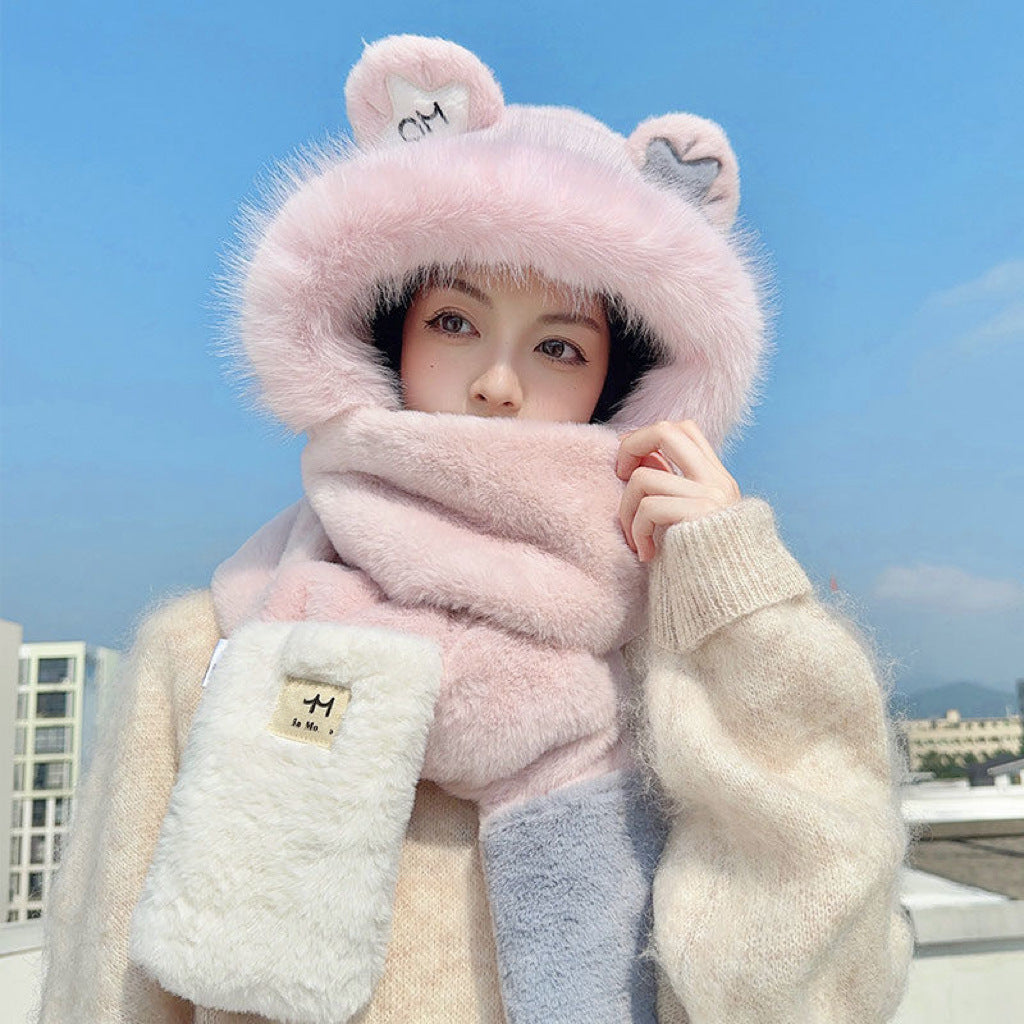 Hat Female Three-piece Set Imitation Rabbit Fur Plush Hats & Caps