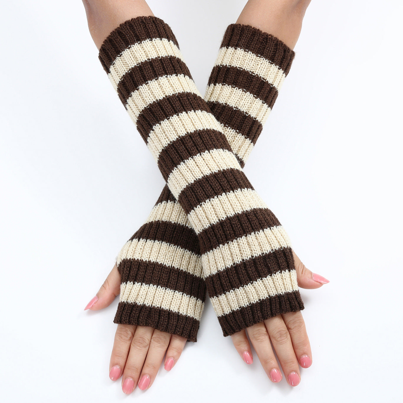 Women's Mixed Color Stripe Knitting Wool Mid-length Open Finger Gloves