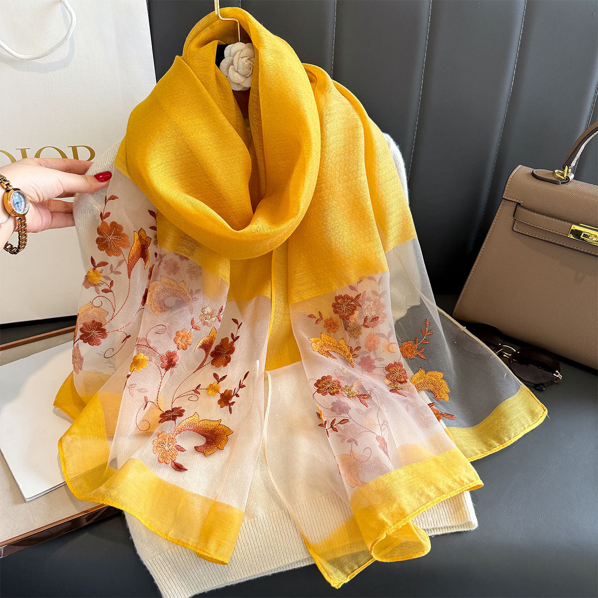 Women's Simple Embroidery Small Flower Artificial Silk Scarfs