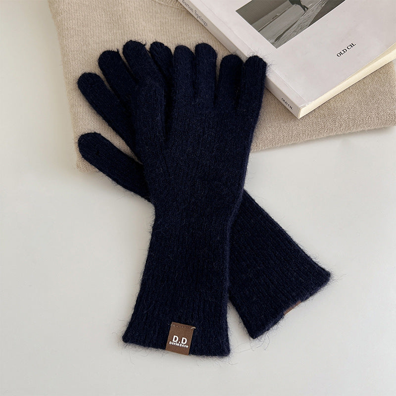 Women's Solid Color Long Thickened Warm Finger Gloves