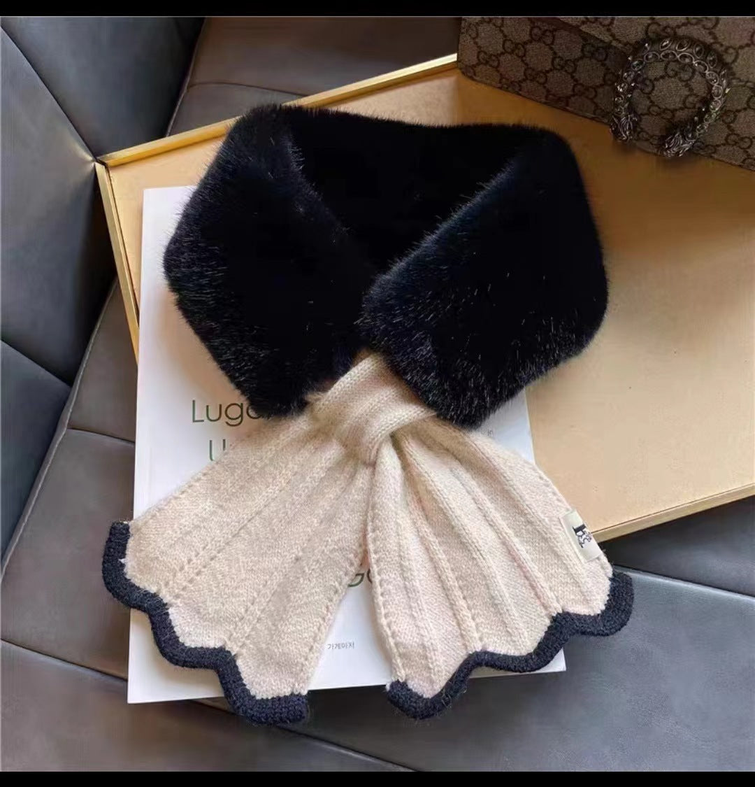 Korean Style Knitted Fishtail Stitching Furry Imitate Rex Rabbit Scarfs