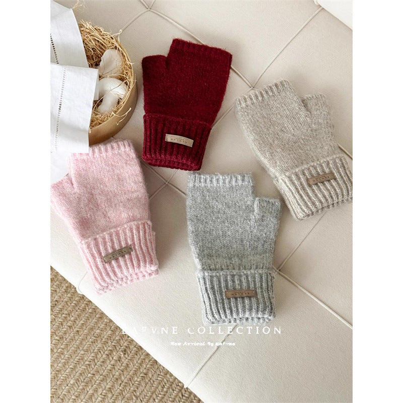 Women's Color Knitted Half Finger Knitting Touch Gloves