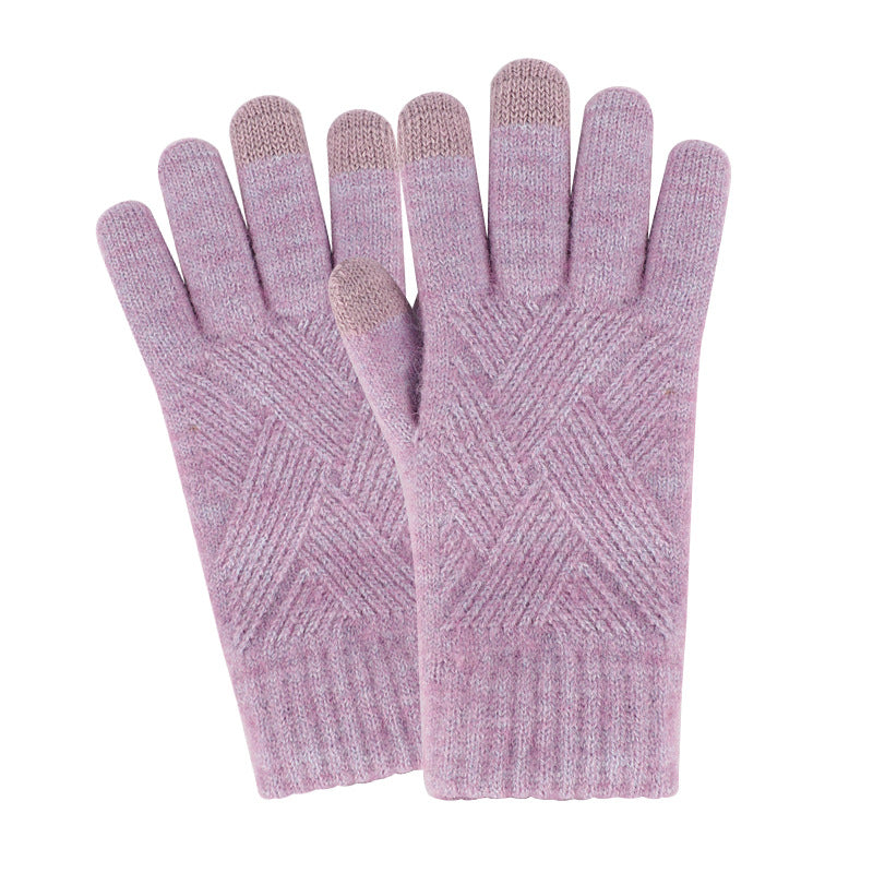 Women's Winter Touch Screen Knitted Double Layer Fleece-lined Five Gloves