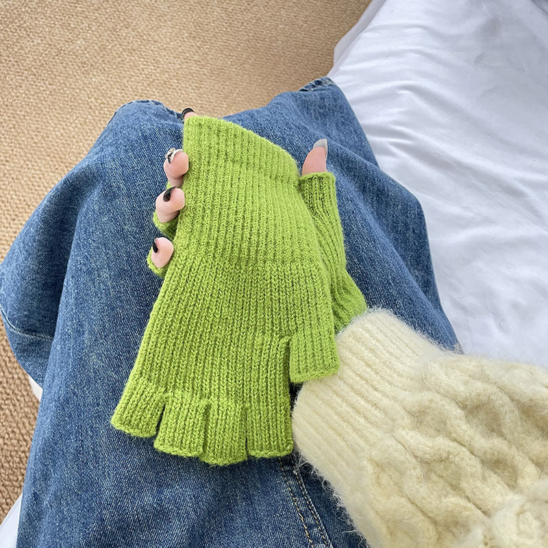 Solid Color Knitted Finger Half Warm Cute Gloves