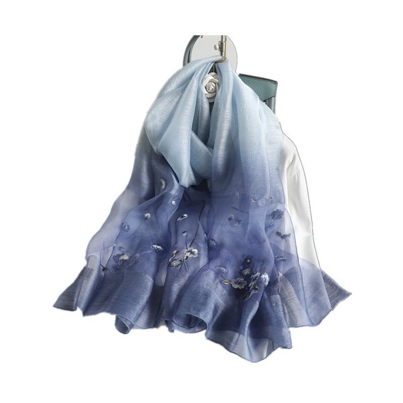 Wool Silk Female Mulberry Embroidered Gradient Scarfs