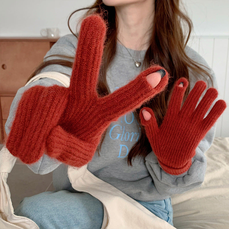 Women's Solid Color Long Thickened Warm Finger Gloves