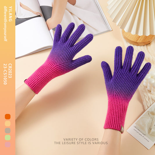 Women's Fleece-lined Thermal Knitting Touch Screen Gradient Color Korean Gloves