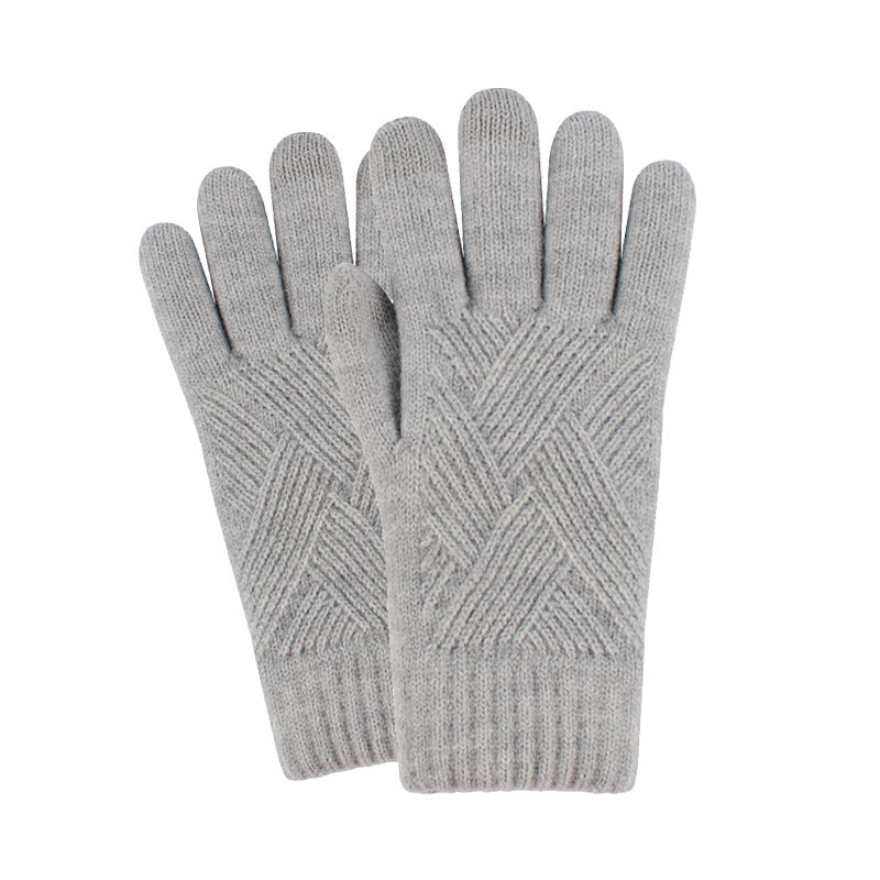 Women's Winter Touch Screen Knitted Double Layer Fleece-lined Five Gloves