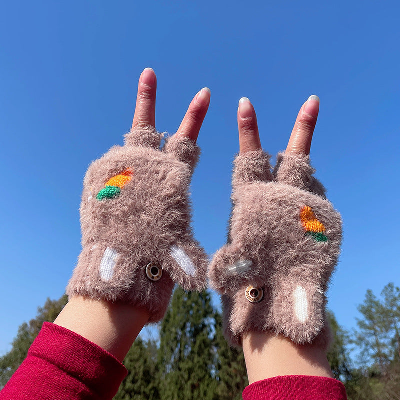 Women's Warm Half Finger Flip Writing Cute Gloves