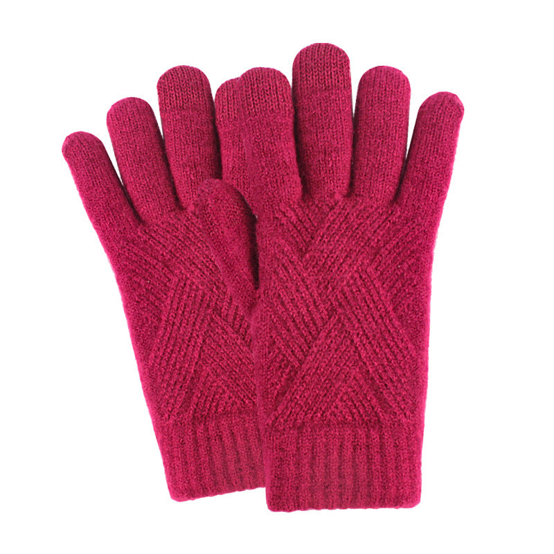 Women's Winter Touch Screen Knitted Double Layer Fleece-lined Five Gloves