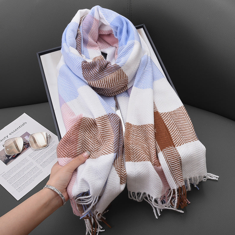 Women's Fashionable Corrugated Plaid Warm British Tassel Scarfs