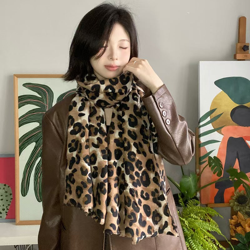 Women's Leopard Print Thickened Cashmere Tassel Shawl Scarfs