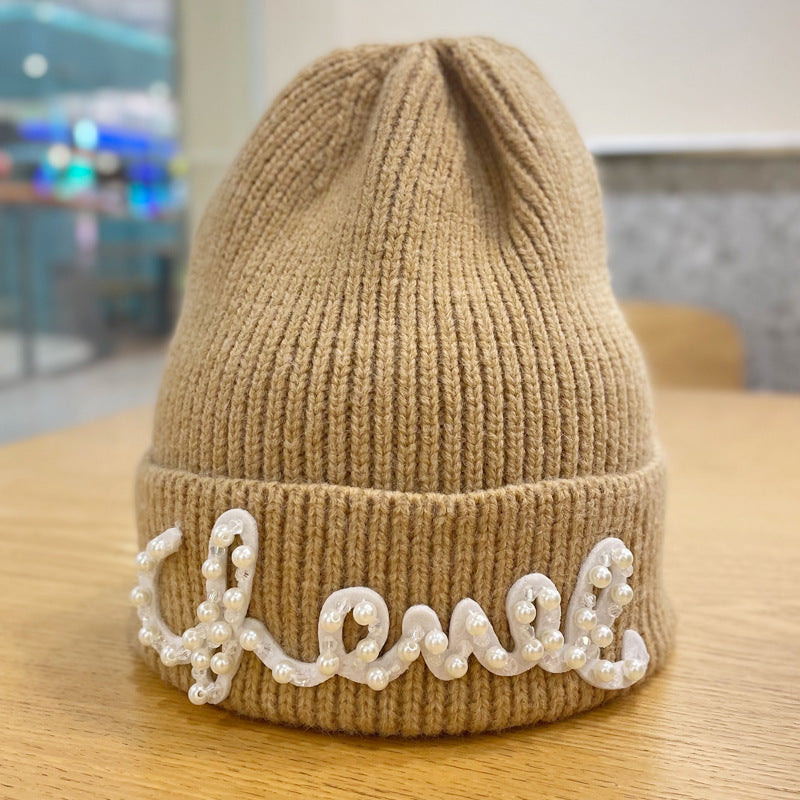 Woolen Hat Female Fashion Bead Letters Solid Color Beanie Hats & Caps