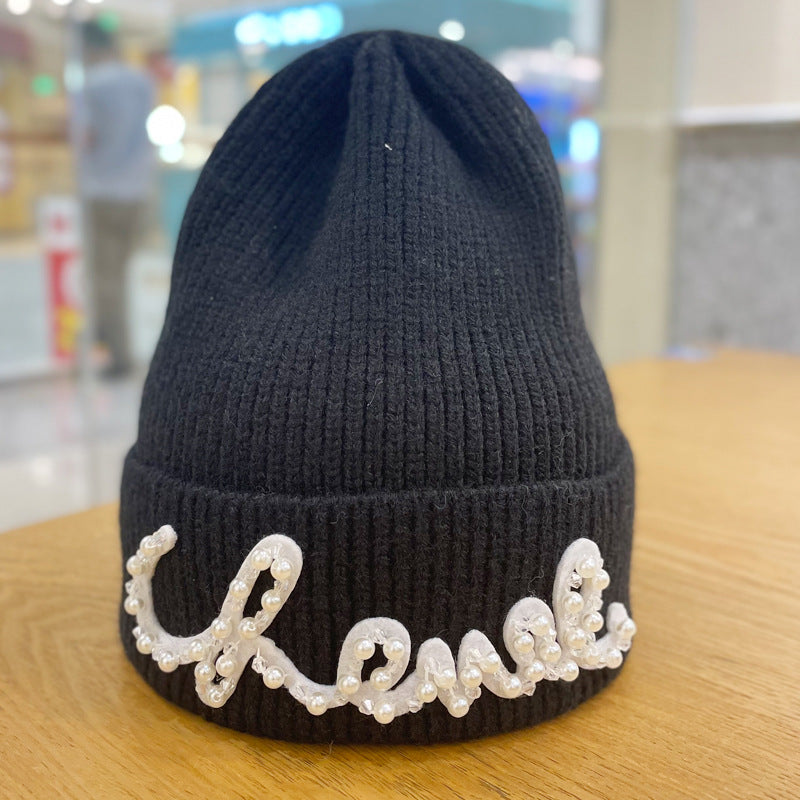 Woolen Hat Female Fashion Bead Letters Solid Color Beanie Hats & Caps