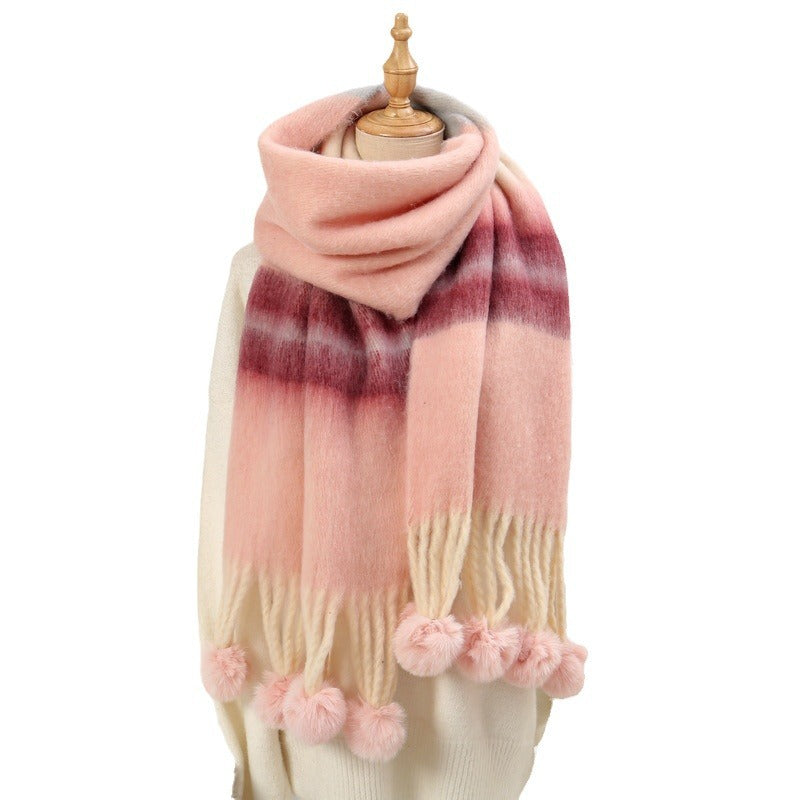 Women's Thickened Hanging Ball Plush Dopamine Color Striped Scarfs