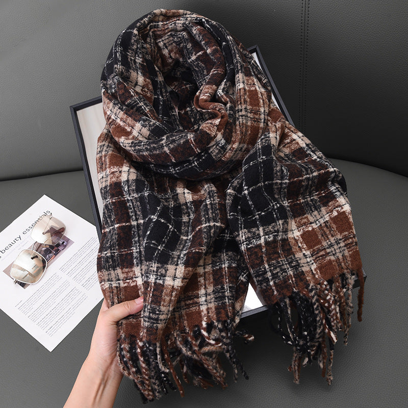 Women's Thick Checks Warm White Soft Tassel Scarfs