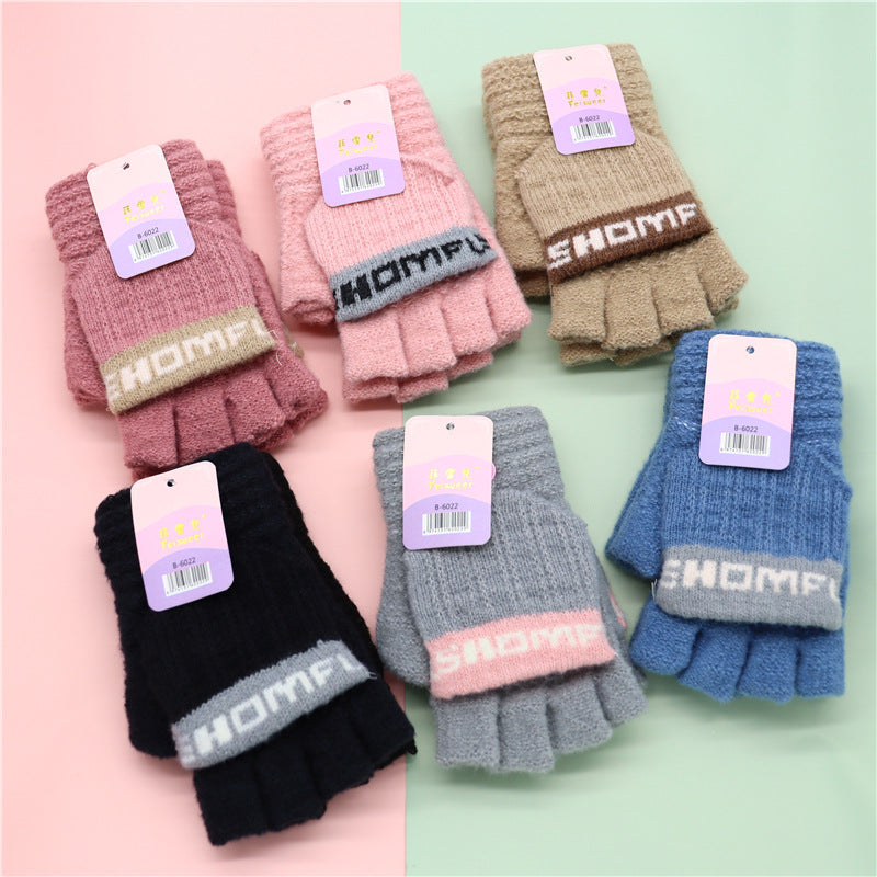 Women's Winter Cute Half Finger Flip Leakage Writing Knitting Gloves