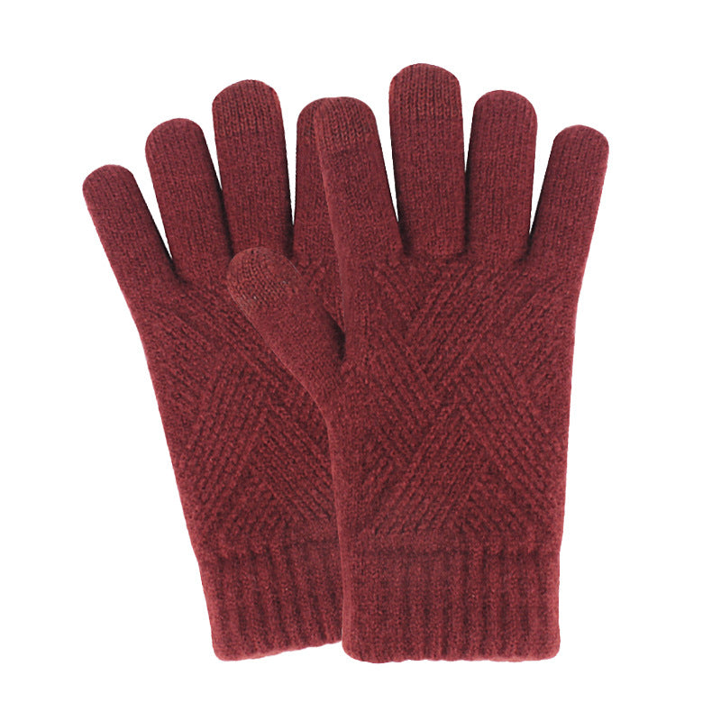 Women's Winter Touch Screen Knitted Double Layer Fleece-lined Five Gloves