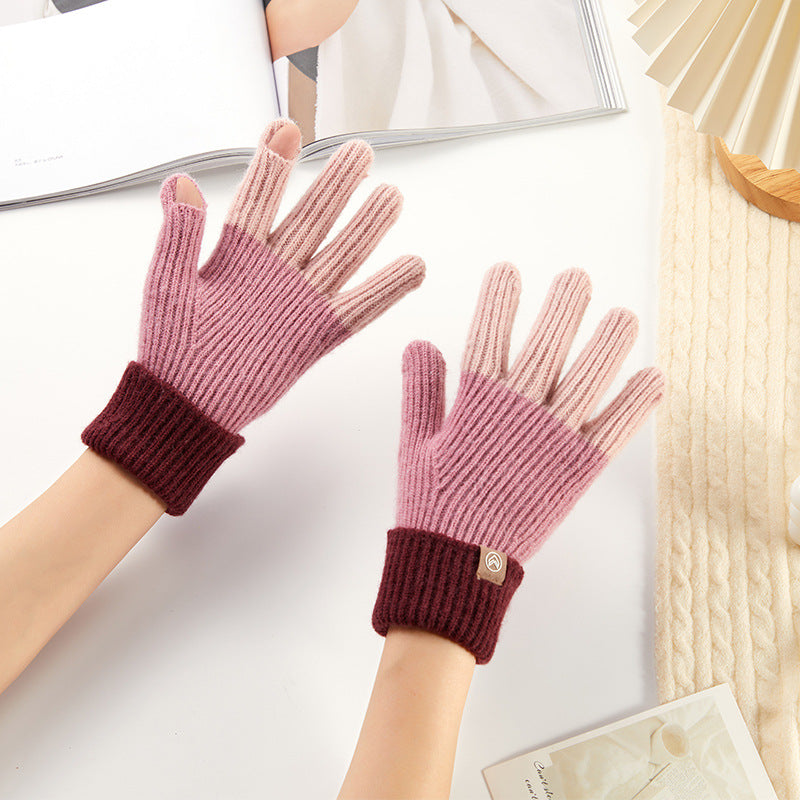 Women's Korean Warm Knitted Fingerless Cycling Plus Gloves