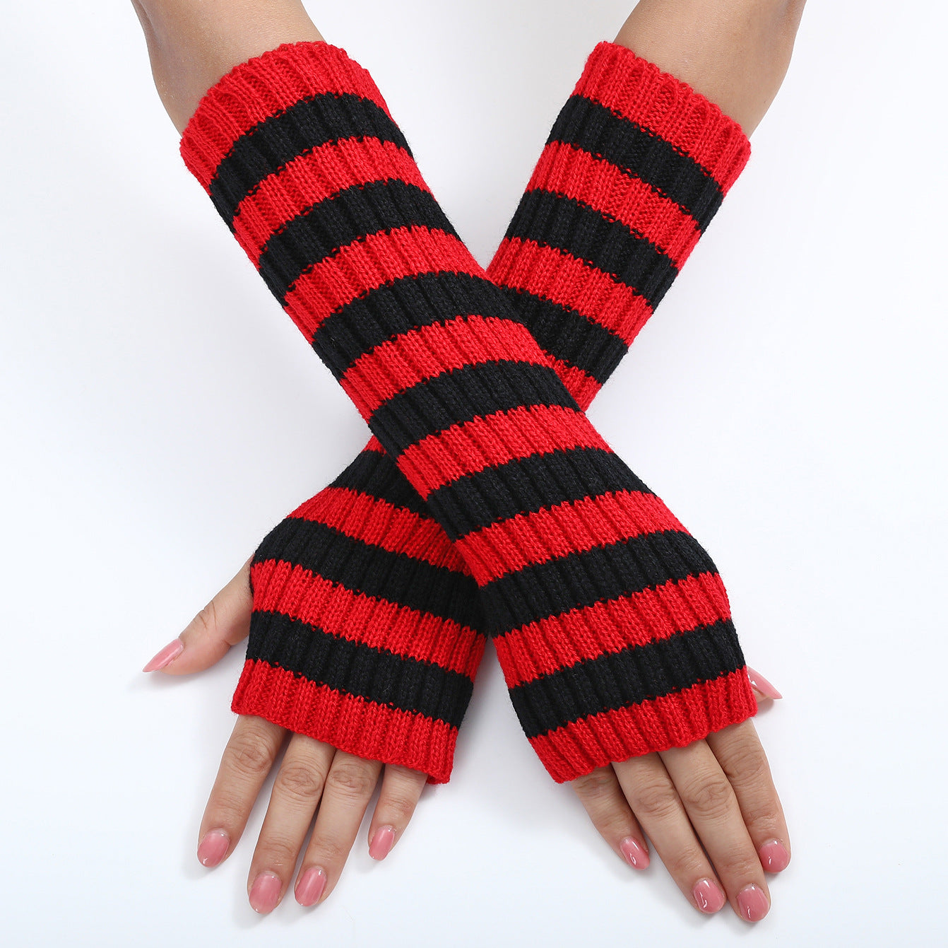 Women's Mixed Color Stripe Knitting Wool Mid-length Open Finger Gloves