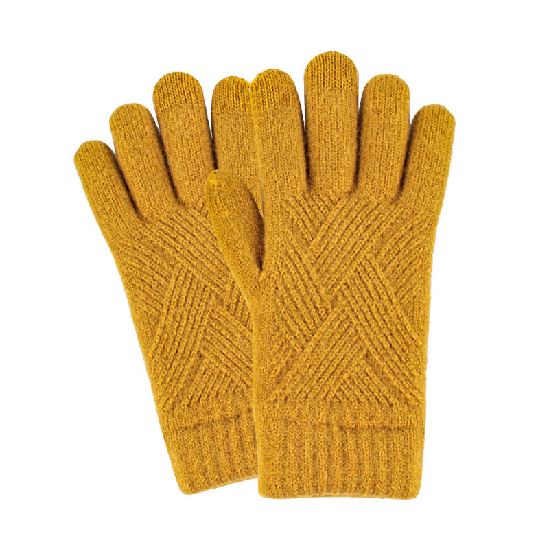 Women's Winter Touch Screen Knitted Double Layer Fleece-lined Five Gloves