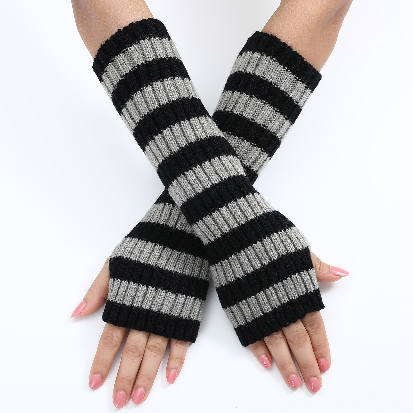 Women's Mixed Color Stripe Knitting Wool Mid-length Open Finger Gloves