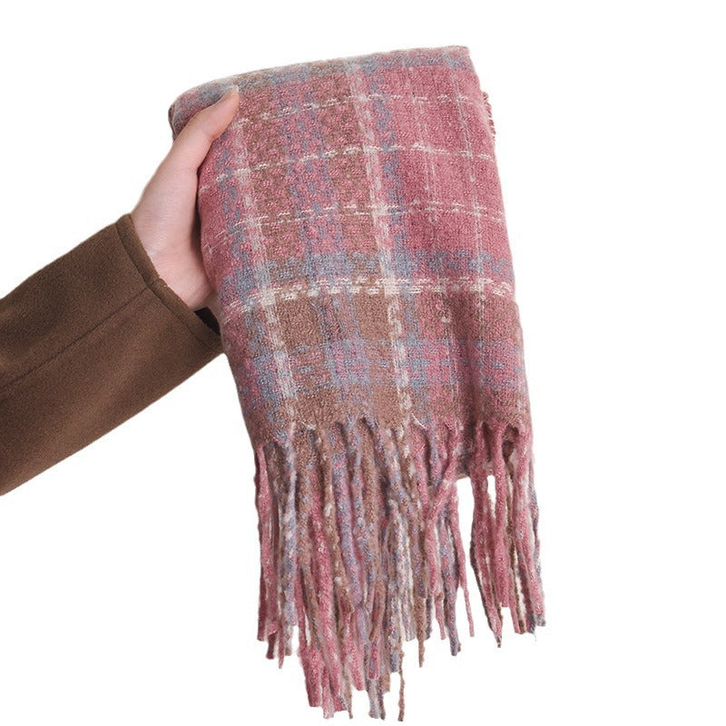 Women's Thick Checks Warm White Soft Tassel Scarfs