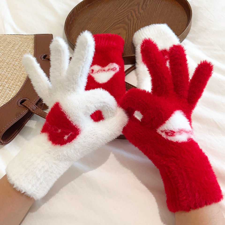 Women's Style Knitted Love Imitation Mink Plush Winter Cold Gloves