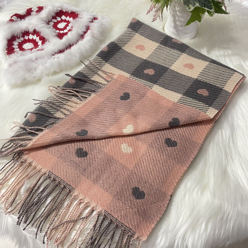 Female With Hearts Thick Checks Fringe Bib Scarfs