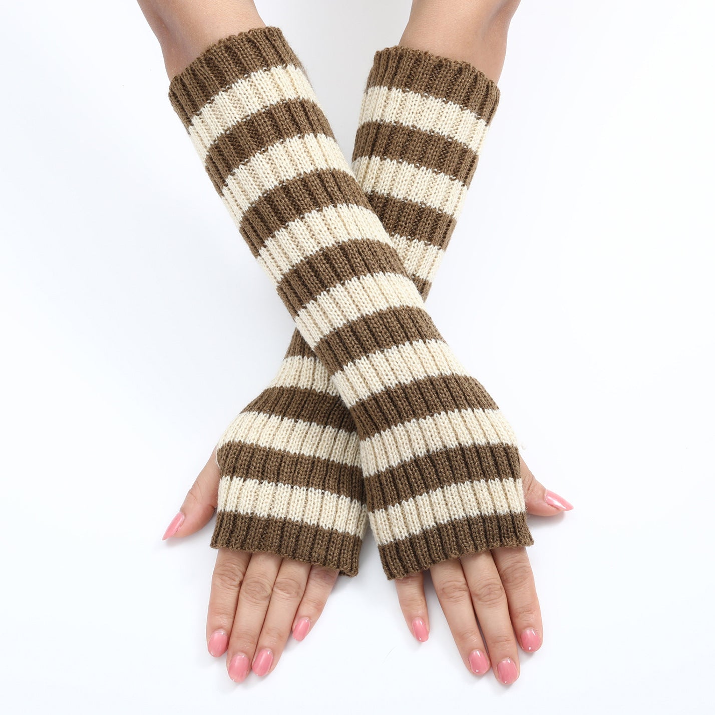 Women's Mixed Color Stripe Knitting Wool Mid-length Open Finger Gloves