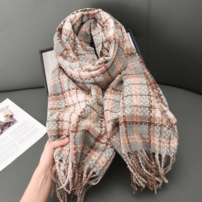 Women's Thick Checks Warm White Soft Tassel Scarfs