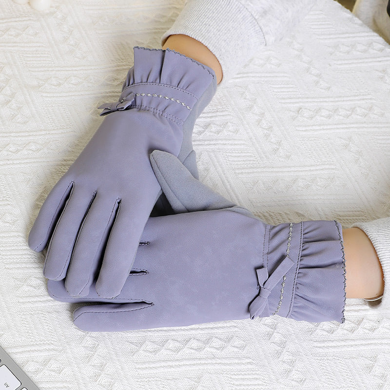 Women's Screen Fleece Lined Padded Warm Keeping Bow Gloves