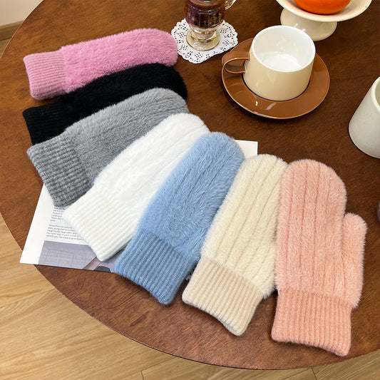 Women's Winter Thickened Fleece-lined Korean Style Solid Color Finger Bag Gloves