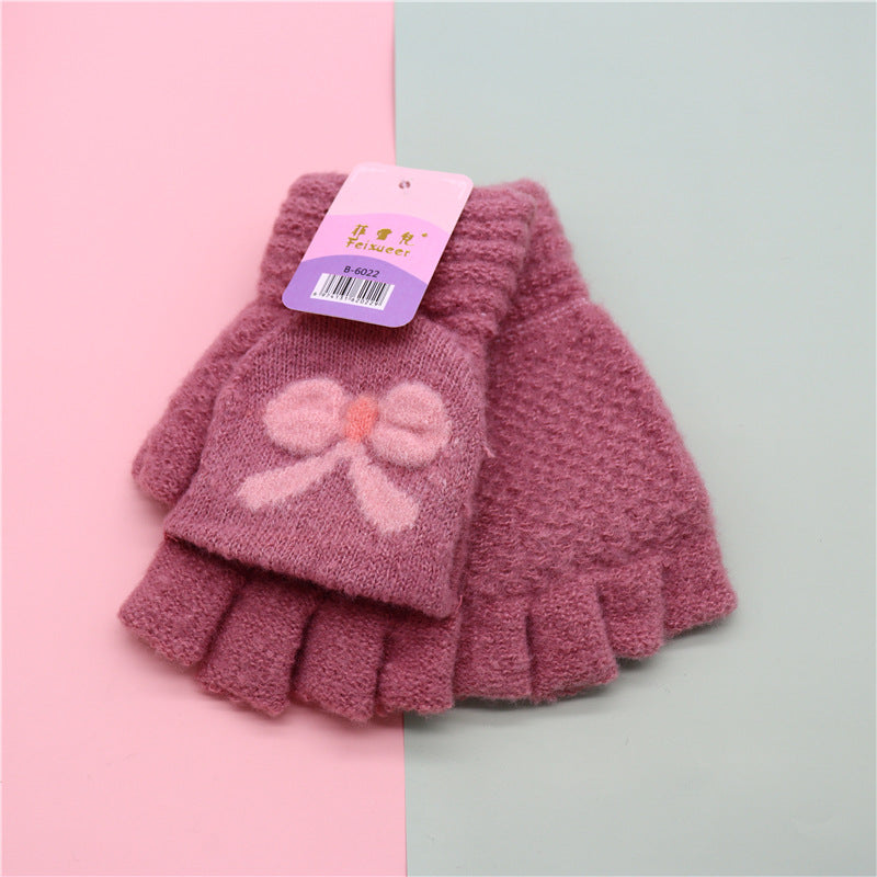 Women's Winter Cute Half Finger Flip Leakage Writing Knitting Gloves