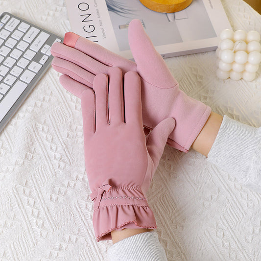 Women's Screen Fleece Lined Padded Warm Keeping Bow Sweet Gloves