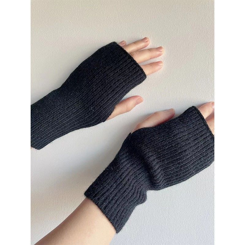 Female Plush Warm Fingerless Writing Knitted Exposed Sleeve Gloves