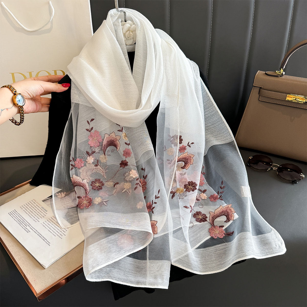 Women's Simple Embroidery Small Flower Artificial Silk Scarfs