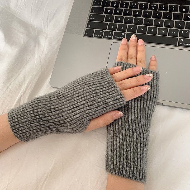 Female Plush Warm Fingerless Writing Knitted Exposed Sleeve Gloves