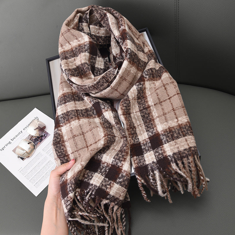 Women's Thick Checks Warm White Soft Tassel Scarfs