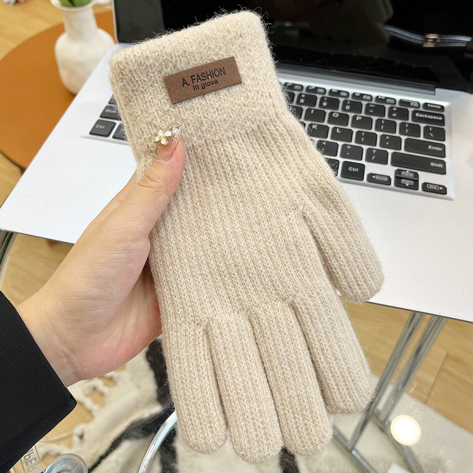 Women's Knitted Knitting Wool Winter Cold Protection Thickening Fleece-lined Candy Gloves