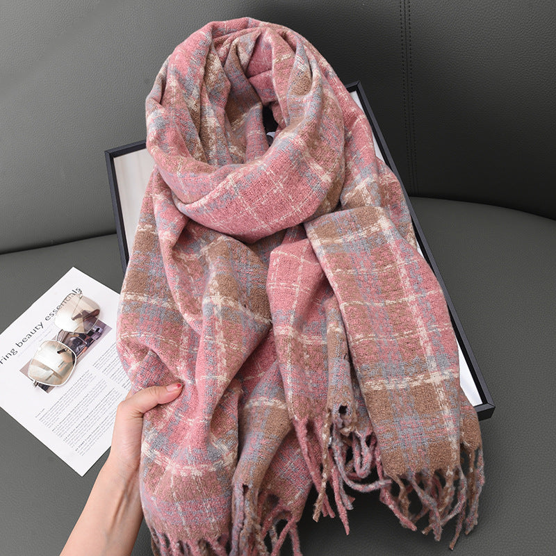 Women's Thick Checks Warm White Soft Tassel Scarfs