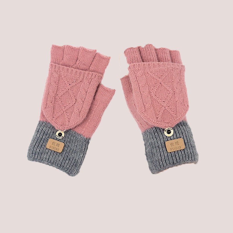 Women's Warm Half Finger Flip Writing Cute Gloves