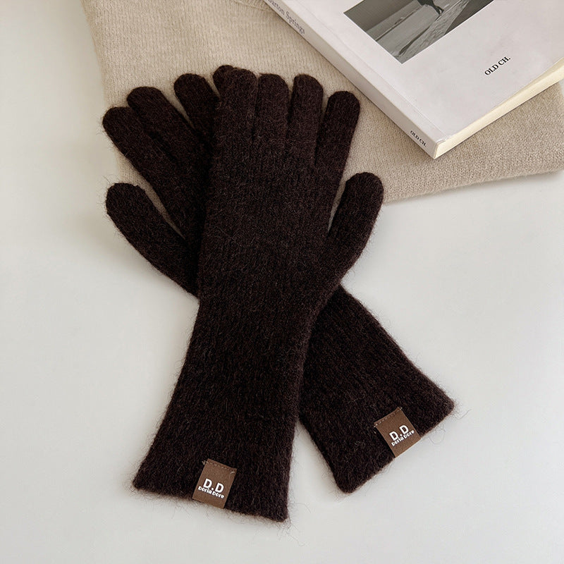 Women's Solid Color Long Thickened Warm Finger Gloves