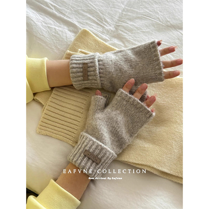 Women's Color Knitted Half Finger Knitting Touch Gloves