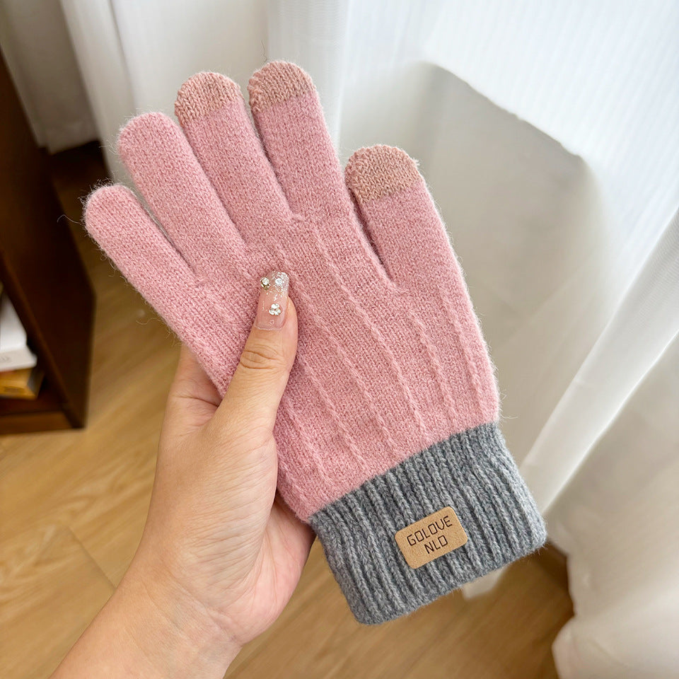 Women's Knitted Knitting Wool Winter Cold Protection Thickening Fleece-lined Candy Gloves