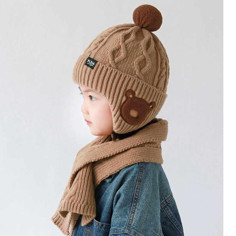 Children's Two-piece Set Cute Bear Boy Winter Warm Cotton Kids' Headwear